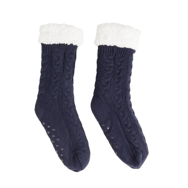 Chaussettes d'int&eacute;rieur doubl&eacute;es peluche bleu marine TU