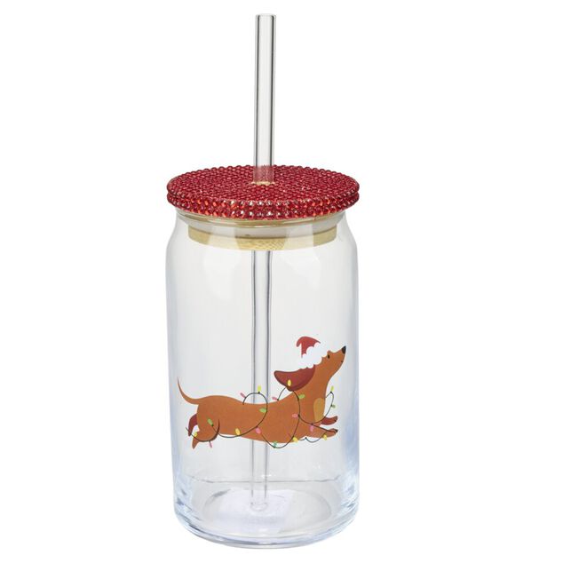 Gobelet avec couvercle et paille imprim&eacute; teckel 450 ml &Oslash;7XH14 cm