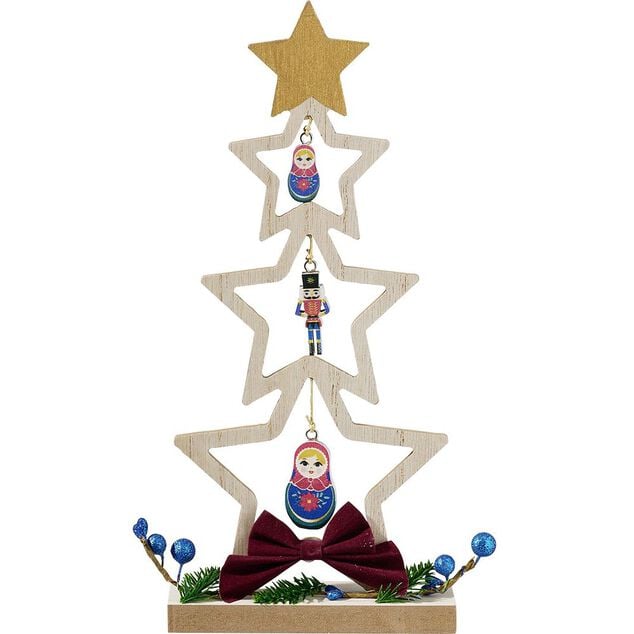 Sapin &agrave; poser en bois d&eacute;cor &eacute;toile, casse noisette et matriochka H26 cm