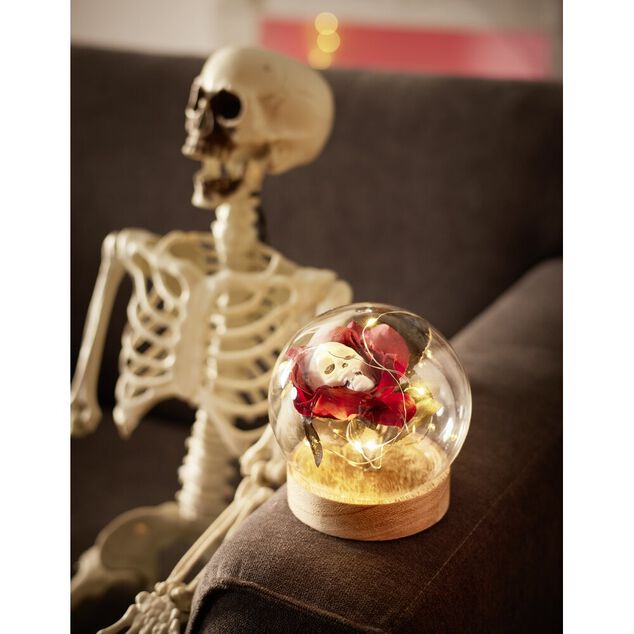 D&eacute;coration Halloween fleur immortelle LED sous bocal avec t&ecirc;te de mort &Oslash;12cm