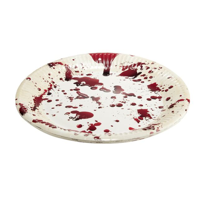 Assiette jetable Halloween X8 blanche d&eacute;cor effet sang &Oslash;23cm
