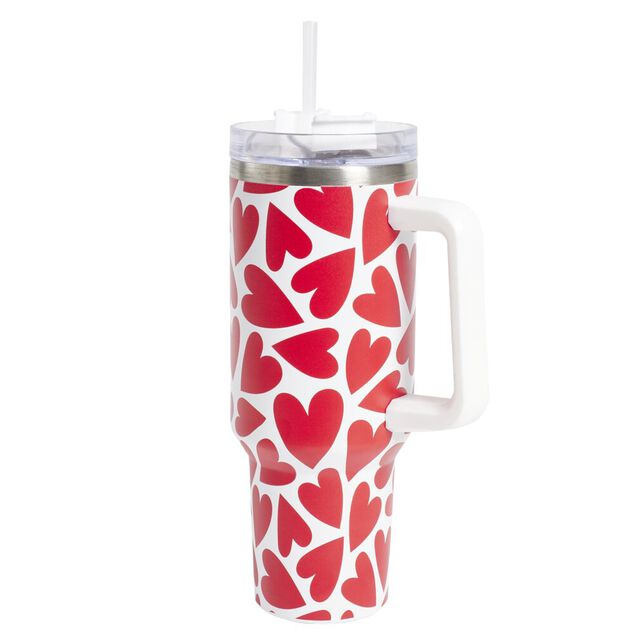 Mug isotherme inox 1,2L motifs coeurs avec couvercle et paille &Oslash;10xH27,5cm