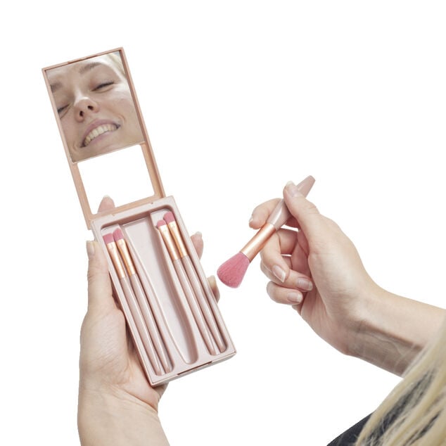 Kit de 5 pinceaux &agrave; maquillage dans bo&icirc;te avec miroir 7x13,5cm