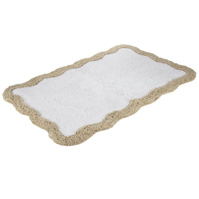 Tapis de bain rectangulaire contour vague coton blanc et beige 50x80cm