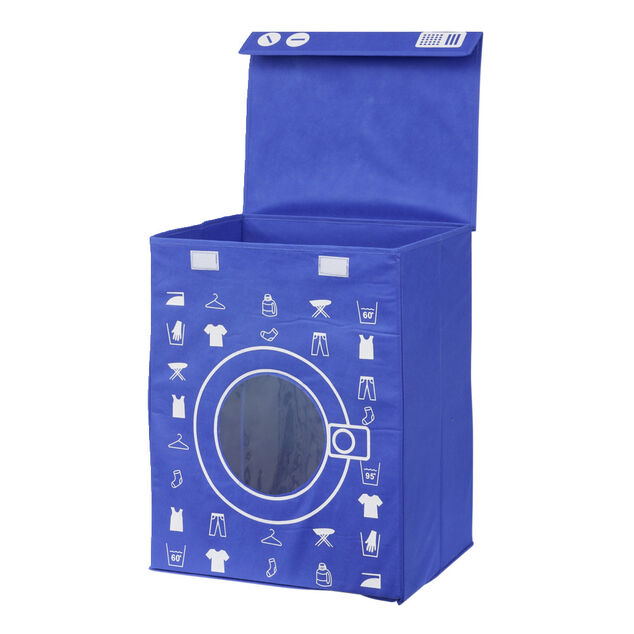 Panière de rangement à linge décor machine à laver bleu 44x35x55cm