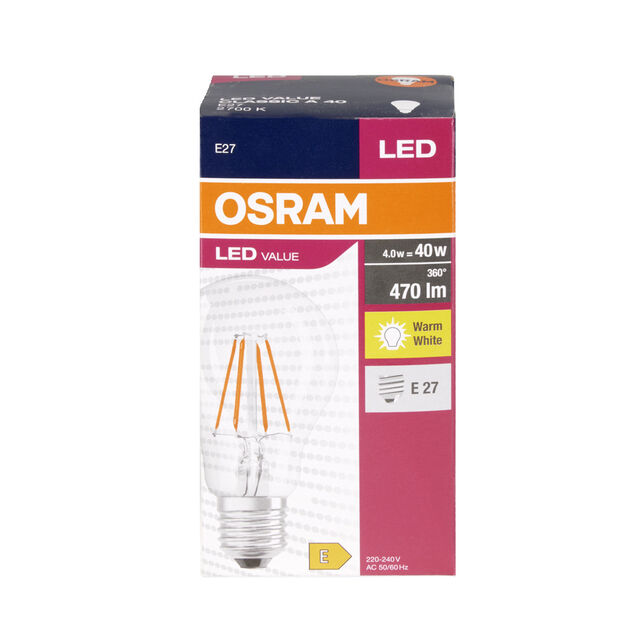 Ampoule LED filament E27 A60 blanc chaud Osram 4W=40W 470lms classe E