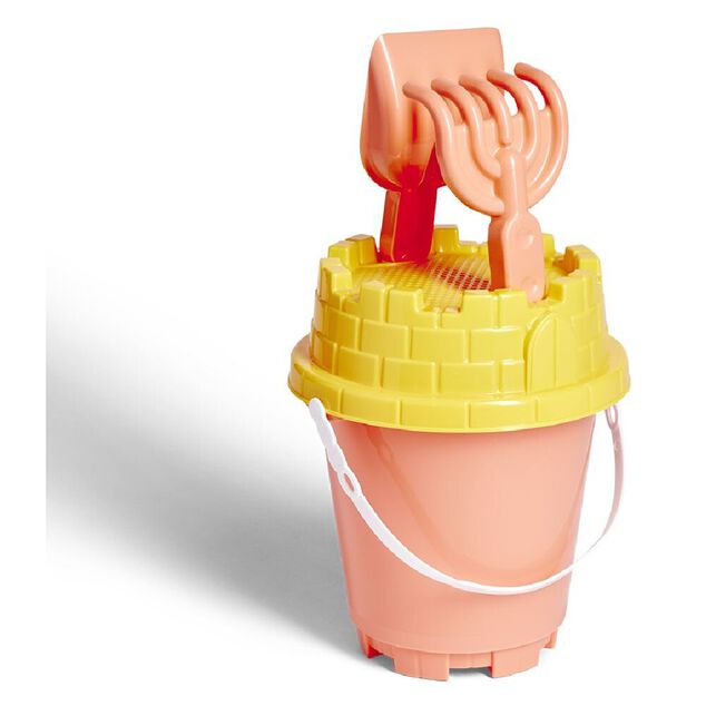 Seau de plage avec pelle râteau tamis en plastique corail