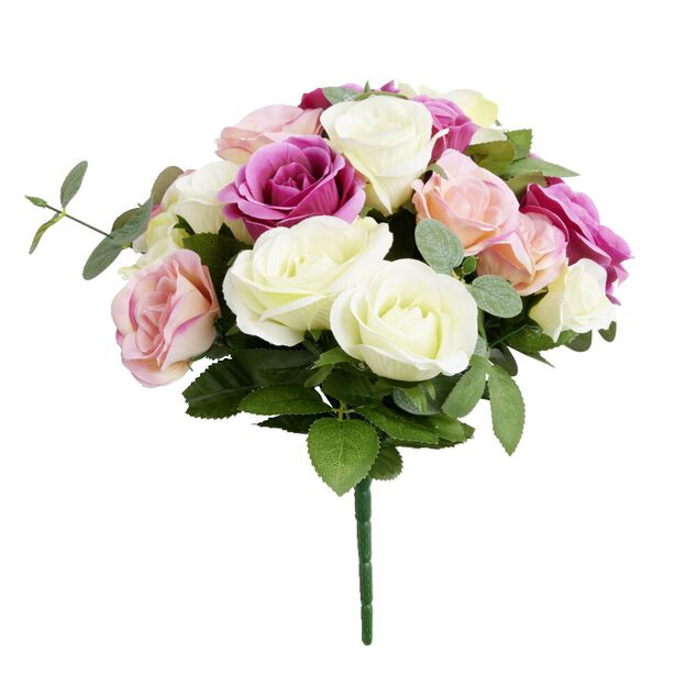 Bouquet fleurs artificielles eucalyptus et roses 24 t&ecirc;tes H33cm