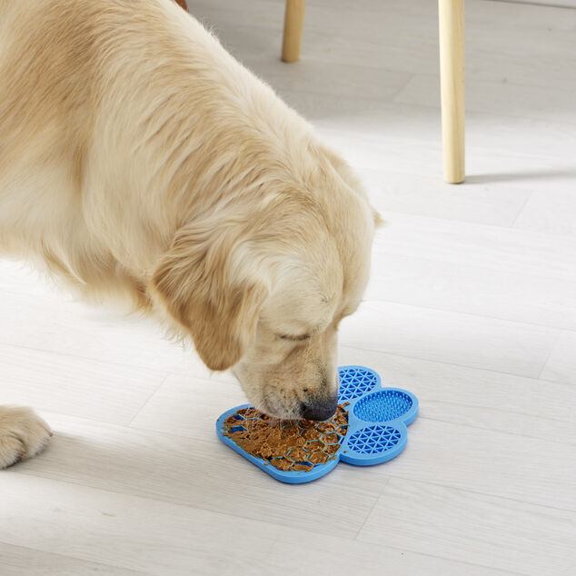 Tapis de l&eacute;chage pour animaux forme patte de chien silicone bleu 18x18cm