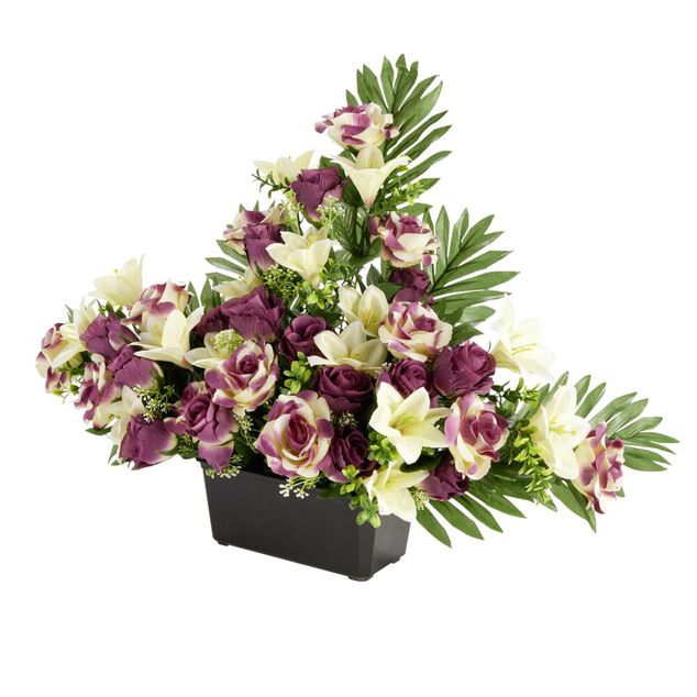 Composition florale artificielle roses et lys fuschias jardini&egrave;re L76xH46cm