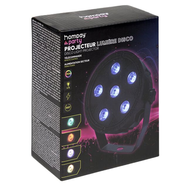 Projecteur de lumi&egrave;re disco rond 6LED RGB 360&deg; avec t&eacute;l&eacute;commande H14cm