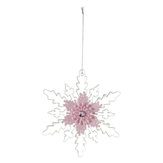 Suspension de No&euml;l Flocon rose transparent