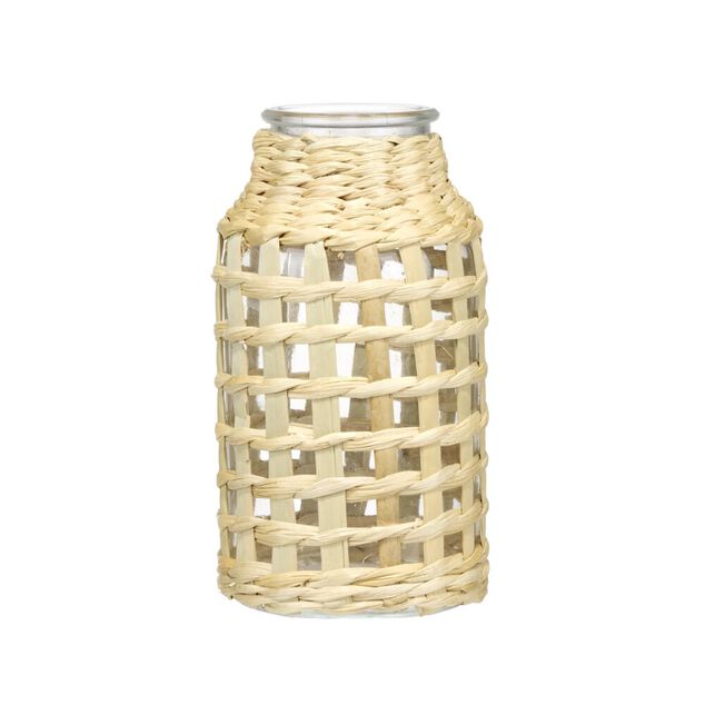 Vase en verre avec raphia tress&eacute; &Oslash;8xH16cm