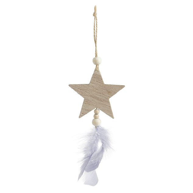 Suspension &Eacute;toile en bois d&eacute;cor plumes gris naturel