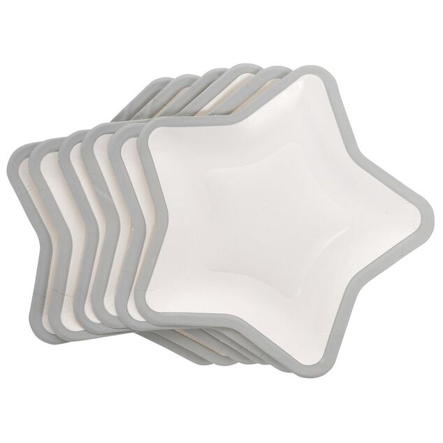 Lot de 10 assiettes carton &eacute;toile blanc avec liser&eacute; argent&eacute;