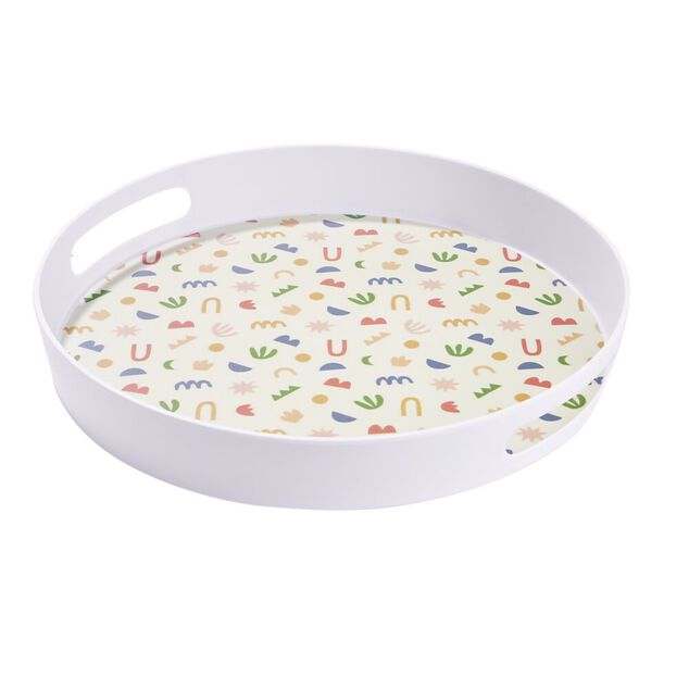 Plateau rond m&eacute;lamin&eacute; motif matisse blanc et multicolore &Oslash;34,5xH5cm