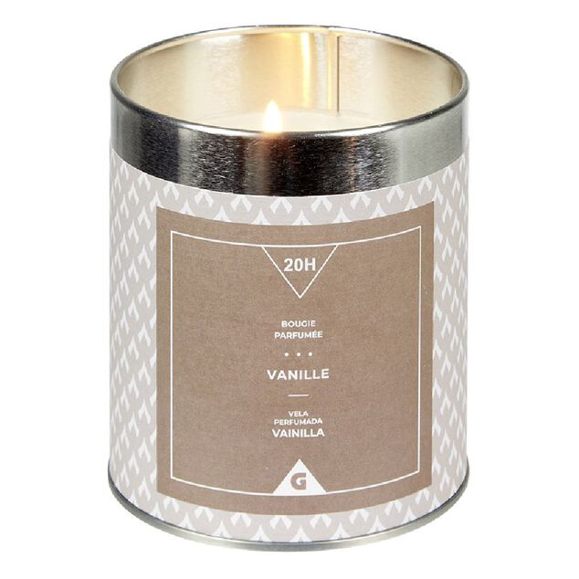 Bougie parfum&eacute;e dans pot en m&eacute;tal senteur vanille