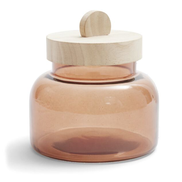 Bo&icirc;te en verre marron + couvercle bois &Oslash;12xH16cm