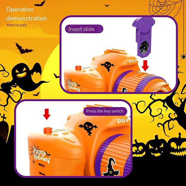 Projecteur enfant forme appareil photo avec 3 images plastique orange H7cm