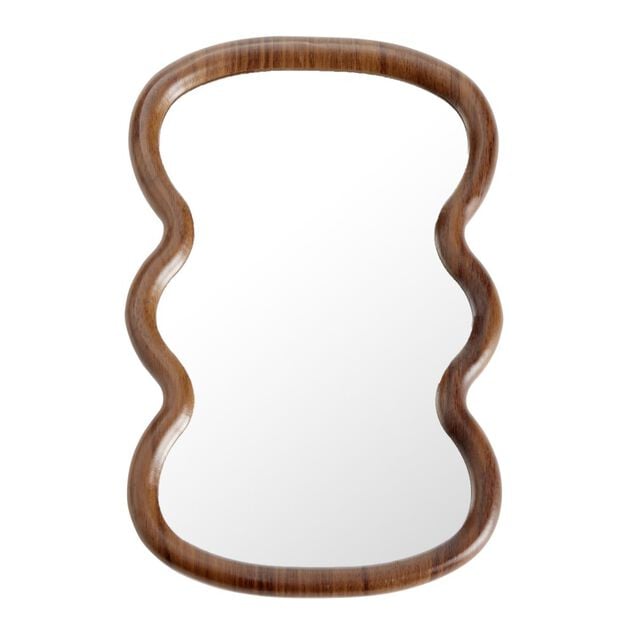 Miroir en bois effet noyer contour ondul&eacute; marron 26,5x40cm