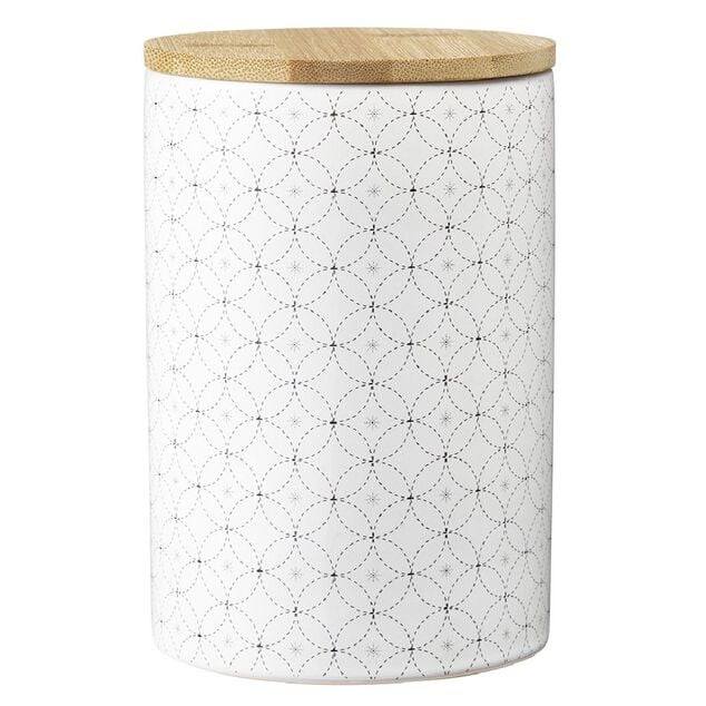 Pot en c&eacute;ramique blanc &agrave; motif gris avec couvercle en bois H14 cm