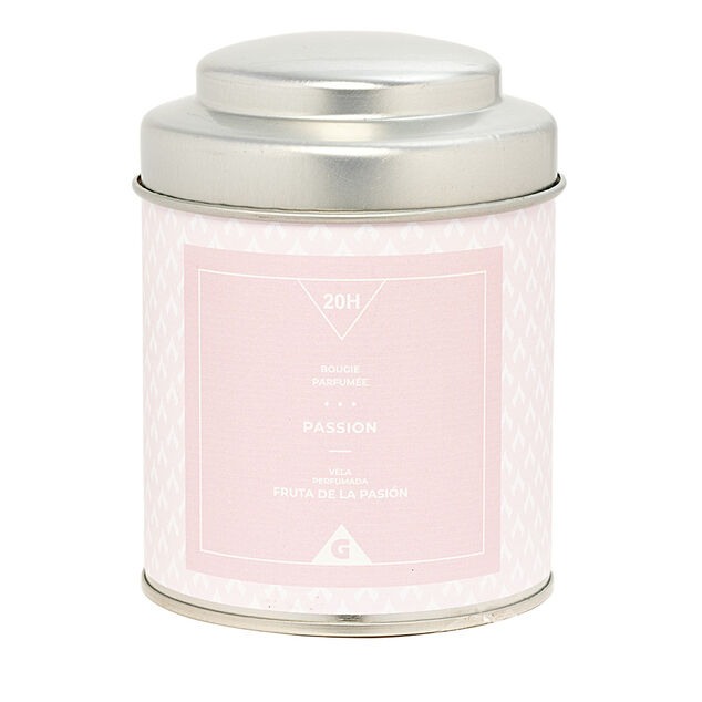 Bougie parfum&eacute;e dans pot en m&eacute;tal senteur passion