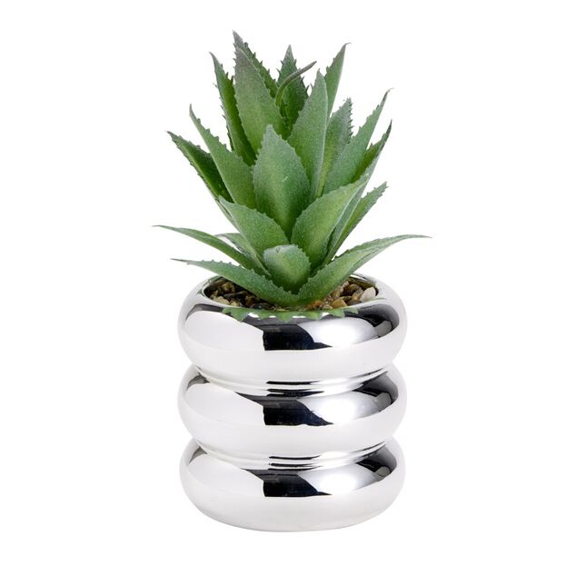Plante grasse artificielle dans pot dolomite gris chrom&eacute; &Oslash;8xH13,5cm (3 mod&egrave;les)