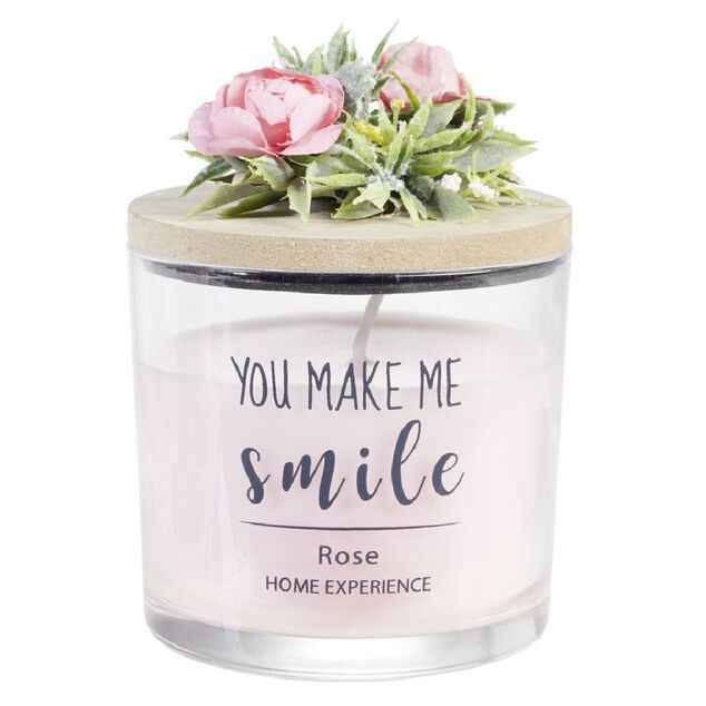 Bougie parfum&eacute;e dans verre couvercle bois fleur message &Oslash;8xH11cm