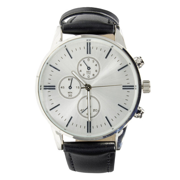 Montre homme cadran rond acier argenté bracelet simili Ø4xH24,5cm