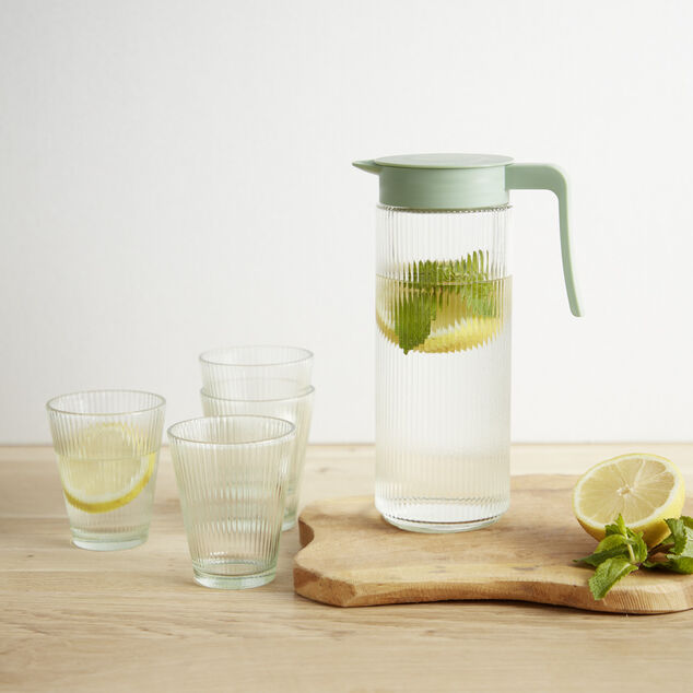 Pichet en verre et plastique vert avec 4 verres