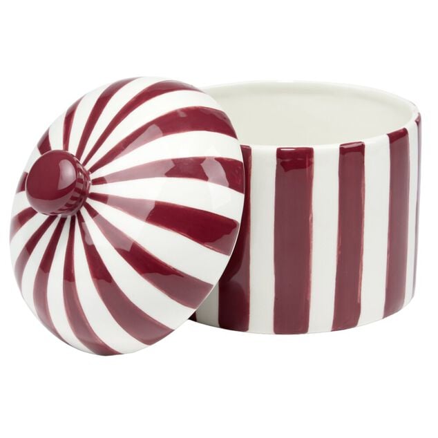 Bonbonni&egrave;re ronde dolomite ray&eacute;e rouge et blanc &Oslash;12xH14cm