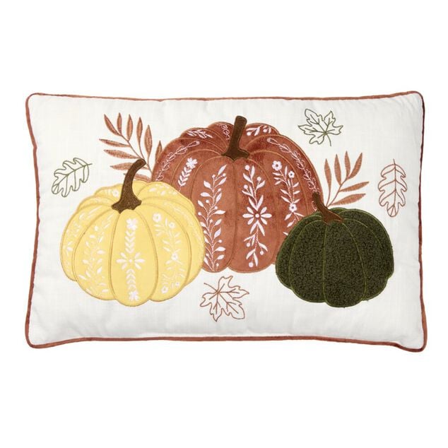 Coussin rectangulaire blanc motif 3 citrouilles 30x50cm