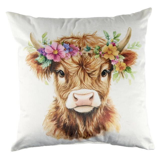 Coussin carr&eacute;  vache Highland avec fleurs velours imprim&eacute; 45x45cm