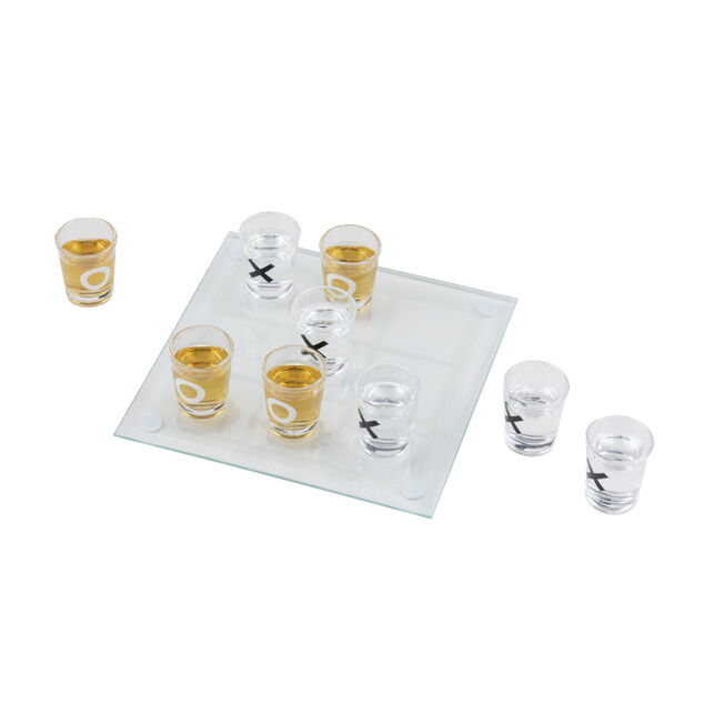 Jeu de morpion &agrave; boire avec shooters et plateau en verre 20x20cm