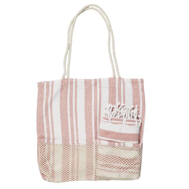 Sac de plage avec fouta &agrave; rayures 90x170cm (2 mod&egrave;les bleu ou rose)