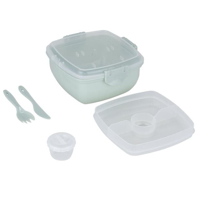 Lunch box plastique 900ml avec couverts et pot &agrave; sauce 17x17xH8,5cm (2 mod&egrave;les)