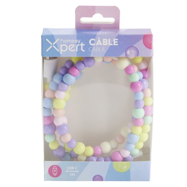 C&acirc;ble de charge USB vers USB-C x2 fil perles plastique 1m