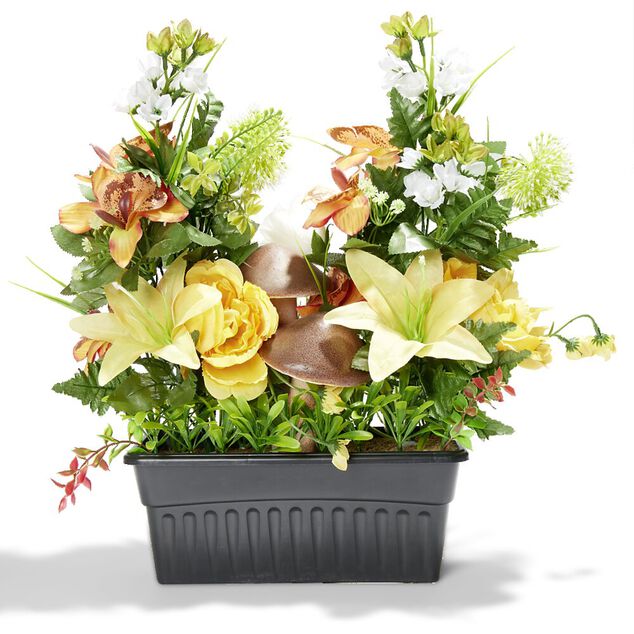 Jardini&egrave;re lest&eacute;e de fleurs artificielles automne et champignon 57x33xH47cm