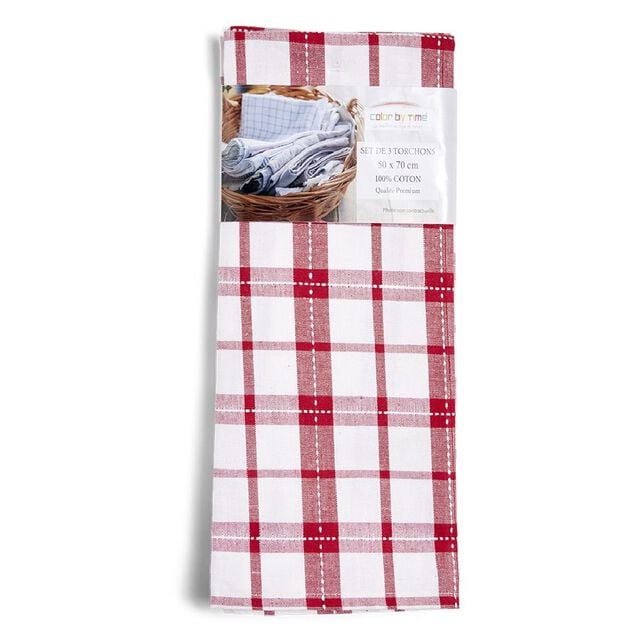 Lot de 3 torchons coton &agrave; carreaux rouge et blanc 50x70cm