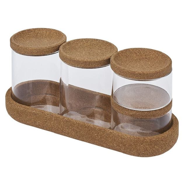Ensemble bocal en verre x4 avec support en li&egrave;ge 26x10xH8cm