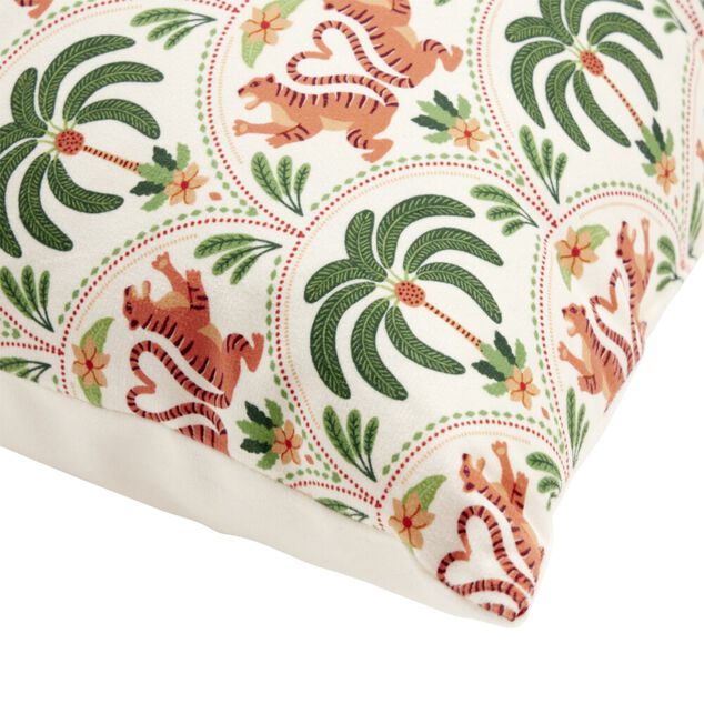 Coussin carr&eacute; style ethnique motifs palmiers et tigres queues forme coeur 40x40cm