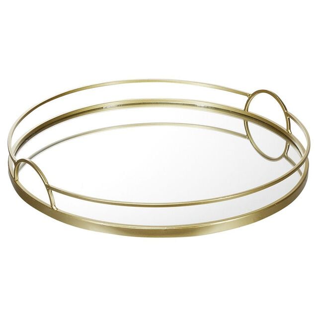 Plateau miroir rond contour m&eacute;tal dor&eacute;