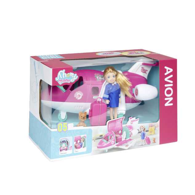 Jouet avion rose avec poup&eacute;e et accessoires