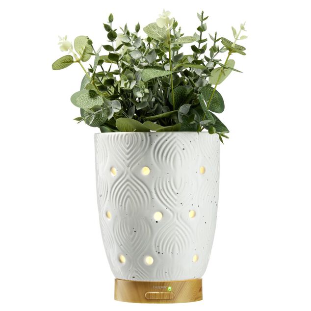 Diffuseur huiles essentielles Mess&eacute;gu&eacute; Yarra blanc support plante 5V &Oslash;11,5xH22cm