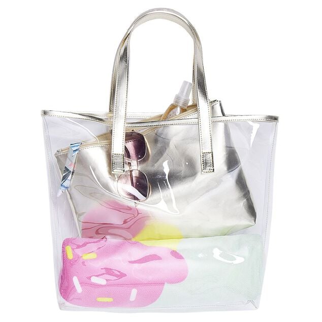 Sac de plage transparent avec pochette dor&eacute;