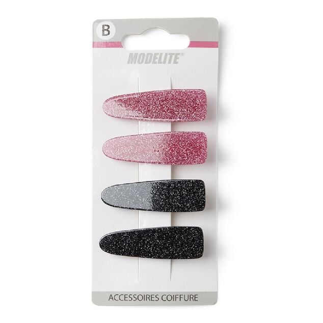 Lot de 4 pinces &agrave; cheveux plates crocodile paillettes noir et rose