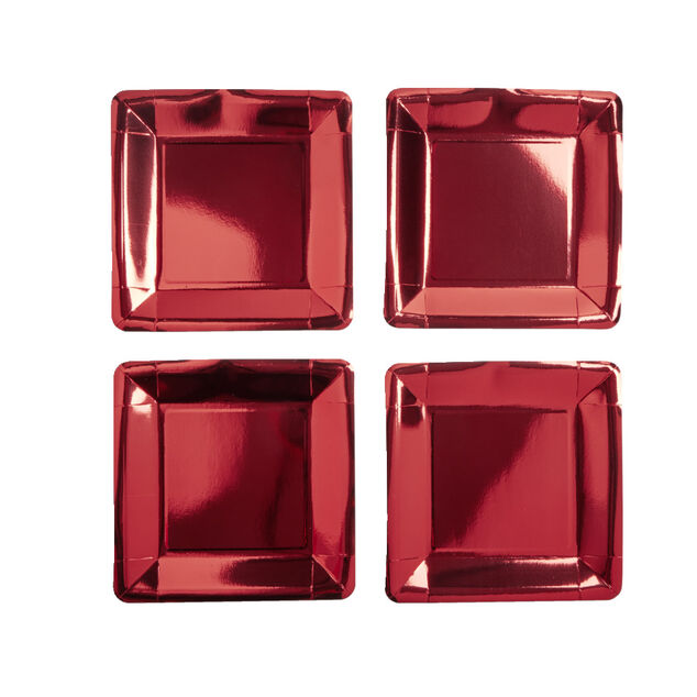 Plateau de pr&eacute;sentation carr&eacute; x4 en carton m&eacute;tallis&eacute; rouge 23x23cm