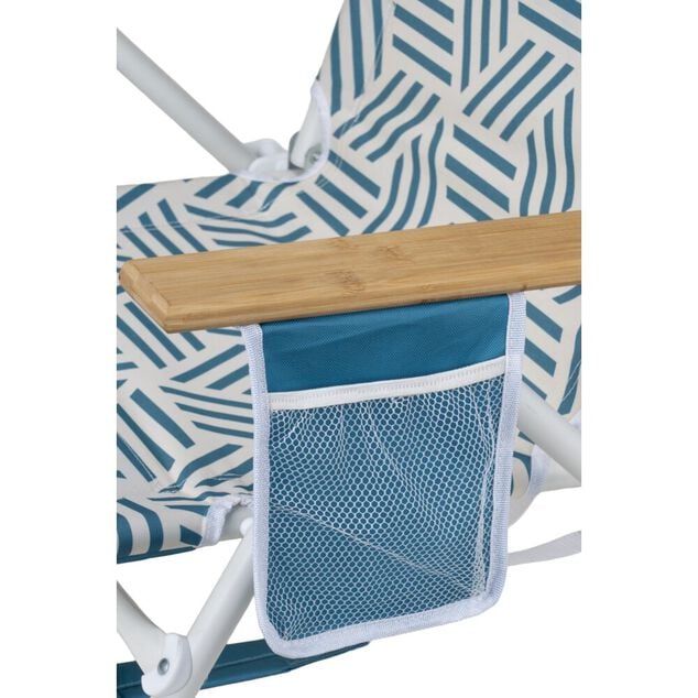 Chaise de plage pliante poign&eacute;es bambou poches lat&eacute;rales blanc et bleu 66x58xH81cm