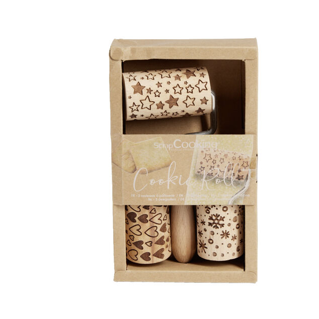 Lot de 3 mini rouleaux &agrave; p&acirc;tisserie en bois &agrave; motifs &eacute;toile/flocon/coeur