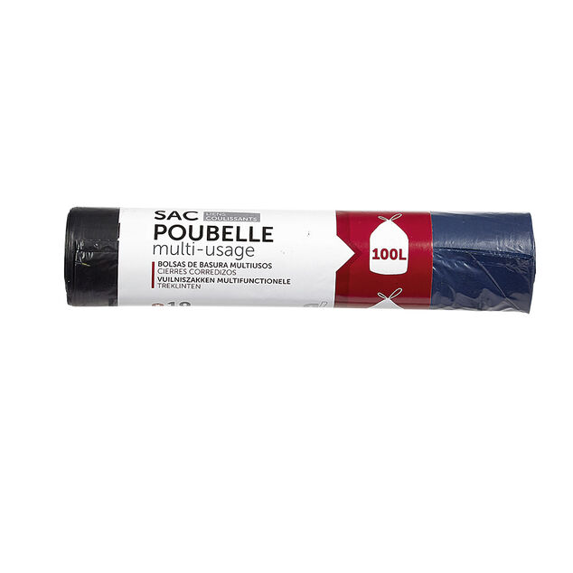 Sac poubelle 100 litres &agrave; lien coullissant bleu nuit x10